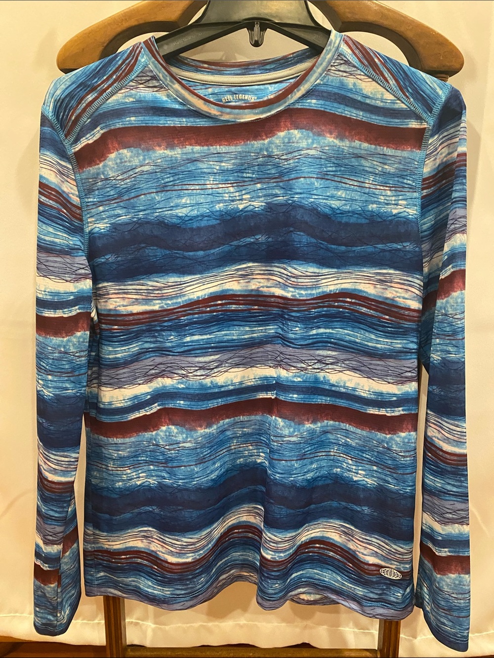 Reel Legends Women's Long-Sleeve Blue and Burgundy Striped Performance Top